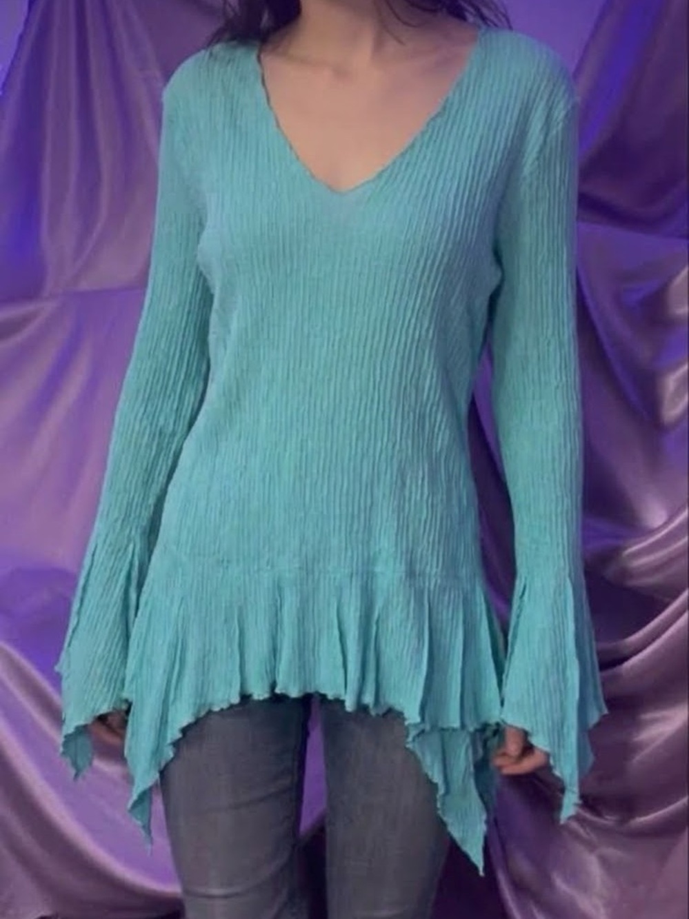 Vintage Aqua Plisse crinkle Bell Sleeve hankerchief hem top Fairy Grunge y2k